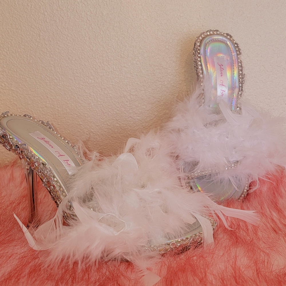 Custom Order "TAWNY MARIE" White Feather Crystal Lace Wedding Mule Heels